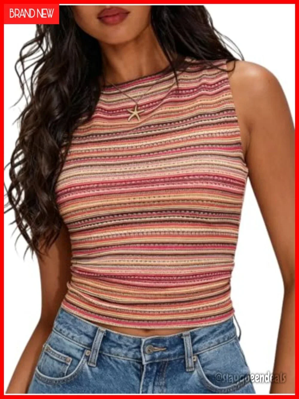 Women's Crochet Knit Striped Tank Top Y2K Crop Top Sleeveless Fitted Summer Top